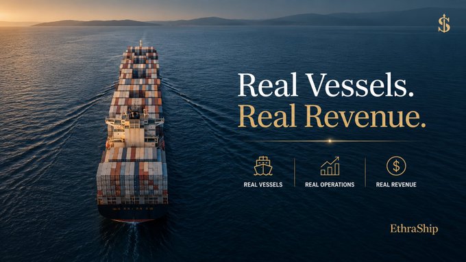 EthraShip promotional banner featuring a container ship with the tagline 'Real Vessels. Real Revenue.' and icons for Real Vessels, Real Operations, and Real Revenue.