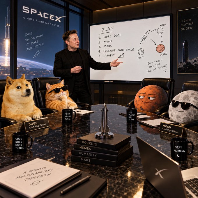 A humorous AI-generated image of Elon Musk presenting a space plan at a SpaceX meeting, with attendees being a Doge, a cat in sunglasses, Mars, and the Moon, with a plan listing '1. More Doge, 2. Moon, 3. Mars.'