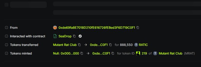 A blockchain transaction screenshot shows a user wallet (0xde69fa8E7018D210fE616726fEBed3F6D719C0F1) interacting with the SeaDrop contract, transferring 888,550 RATIC tokens from Mutant Rat Club and minting token ID 219 of the Mutant Rat Club (MRAT) NFT collection, illustrating a mint that includes token rewards.