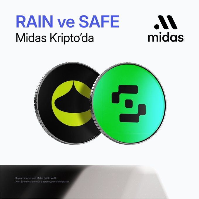 A promotional image for Midas Kripto featuring 3D renderings of the $RAIN and $SAFE coins, with the Midas logo in the top right and text reading "RAIN ve SAFE Midas Kripto'da," advertising new Web3 tokens available on the platform.
