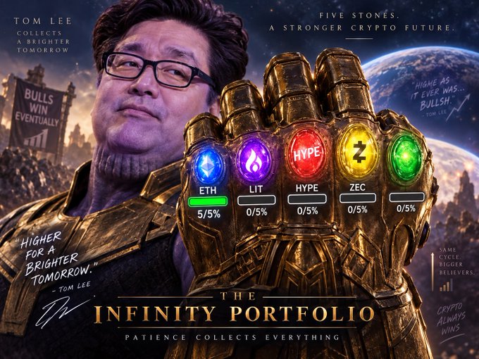 Meme-style poster titled 'THE INFINITY PORTFOLIO' features a man in glasses whose face is replaced with a parody 'Tom Lee,' alongside Thanos's Infinity Gauntlet displaying progress bars for ETH, LIT, HYPE, ZEC, and another token.