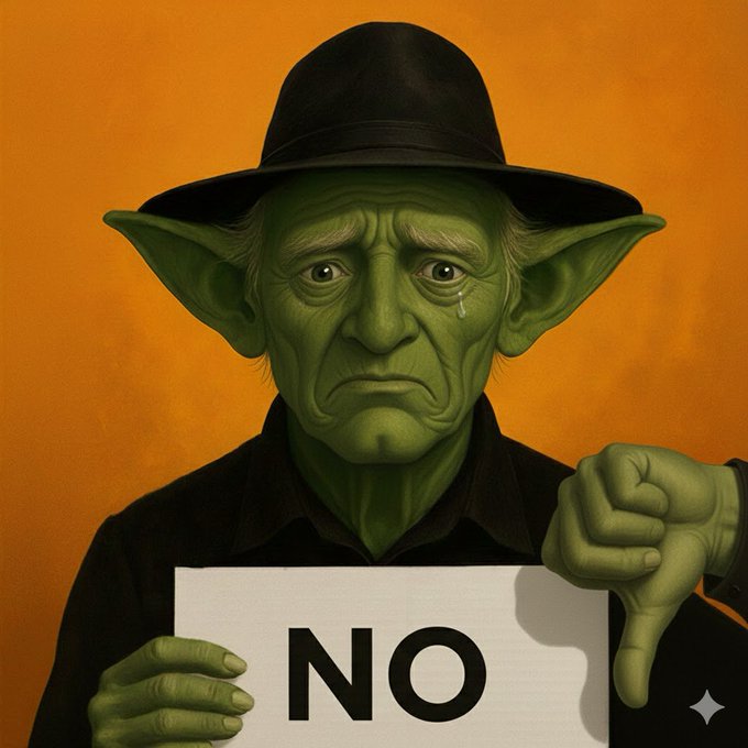 A digitally rendered illustration shows a green-skinned goblin-like creature wearing a black hat and shirt, crying with a tear rolling down its face, holding a "NO" sign with one hand while giving a thumbs-down with the other against an orange background.
