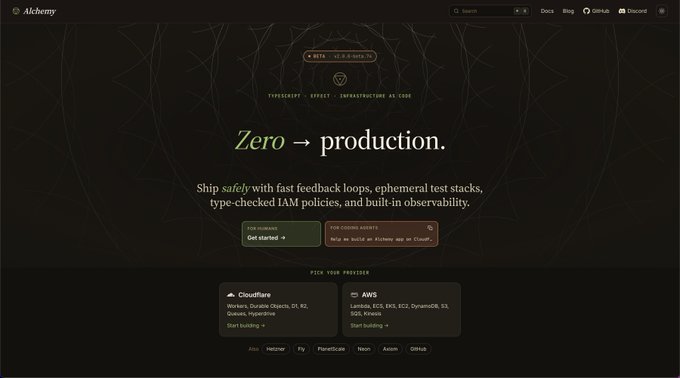Alchemy website homepage with the tagline 'Zero → production.' advertising an infrastructure-as-code platform for shipping safely with type-checked IAM policies and built-in observability.