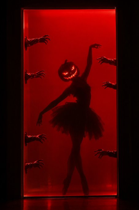 A dramatic red-lit artistic image showing a silhouette of a ballerina in a tutu with a glowing jack-o'-lantern head, surrounded by reaching clawed hands, framed in a doorway.