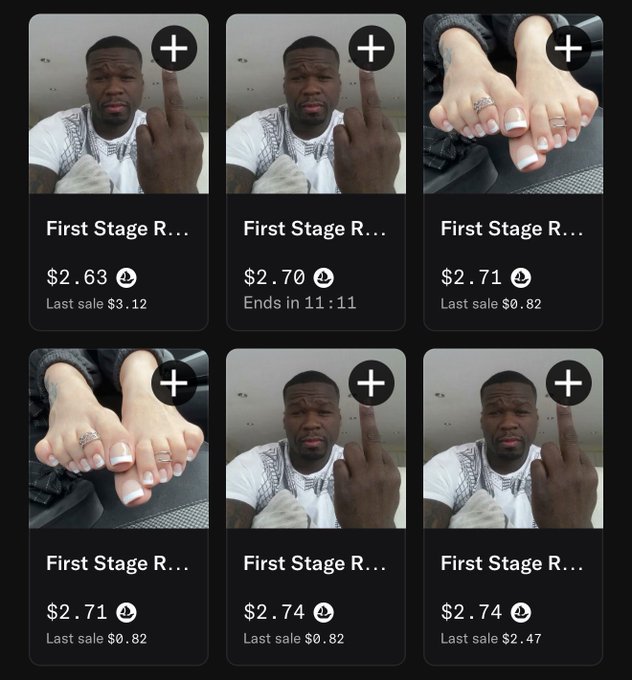 A grid of six marketplace cards titled "First Stage R..." with prices ranging from $2.63 to $2.74, showing either a man or a pair of feet with painted toenails.