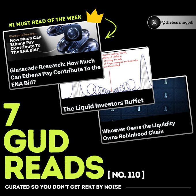 A social media graphic titled '7 GUD READS [NO. 110]' curated by @thelearningpill, featuring 'Glasscade Research: How Much Can Ethena Pay Contribute To The ENA Bid?' as the #1 must read.