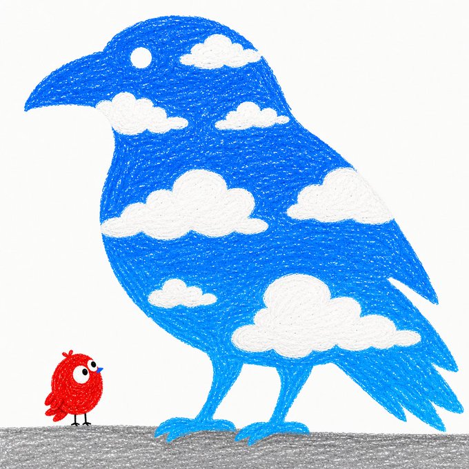 A whimsical illustration shows a large blue bird filled with white clouds towering over a tiny red bird standing on gray ground.