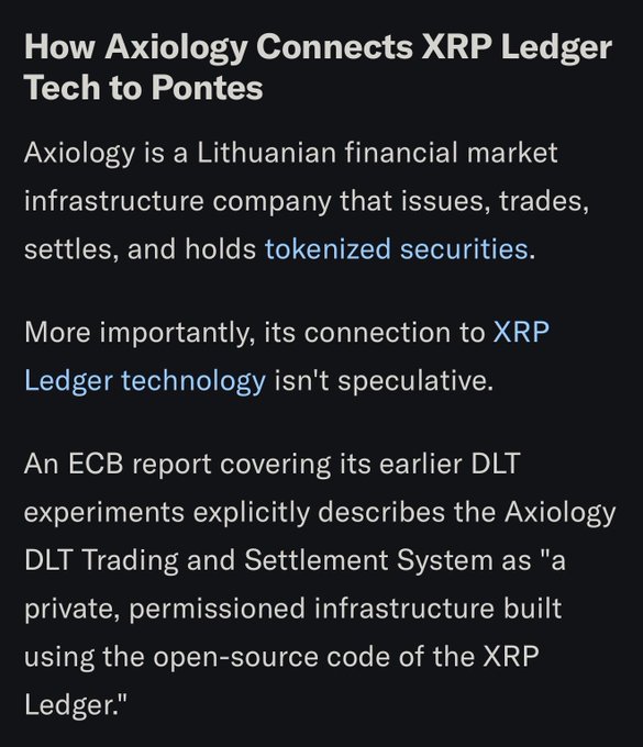 An article excerpt titled "How Axiology Connects XRP Ledger Tech to Pontes" discusses Axiology as a Lithuanian financial market infrastructure company. It mentions its connection to XRP Ledger technology and references an ECB report describing the system as built on the open-source code of the XRP Ledger.