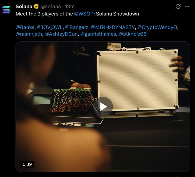 A Solana Twitter post introducing the 9 players of the @WSOP Solana Showdown, listing handles: @Banks, @IOV.OWL, @Bangorz, @MINHxDYNASTY, @CryptoWendyO, @rasmr_eth, @AshleyDCan, @gabrielhaines, @blknoiz06.