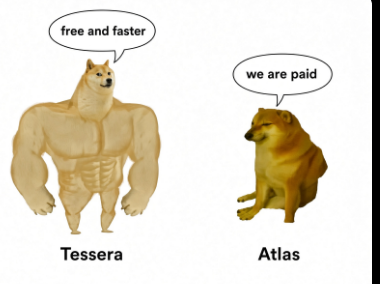 A meme comparing two Shiba Inus: a muscular one labeled 'Tessera' saying 'free and faster' and a normal one labeled 'Atlas' saying 'we are paid'.