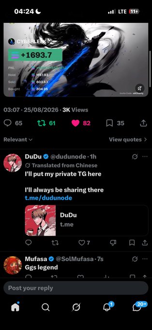 A Twitter/X mobile screenshot showing a trading post for 'CYBERLERK' with a portfolio displaying significant gains, and replies including one from user @dudunode sharing a Telegram link and another from @SolMufasa saying 'Ggs legend'.