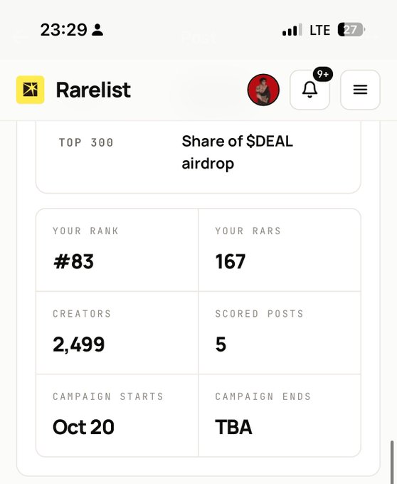 A screenshot of the Rarelist dashboard shows a rank of #83, 167 RARS, 2,499 creators, 5 scored posts, and a “Share of $DEAL airdrop” campaign starting Oct 20 with no end date listed. It supports the accompanying post about improving from #109 to #83 and increasing RARS from 112 to 167 on day two of the @fomopoly_rh journey.