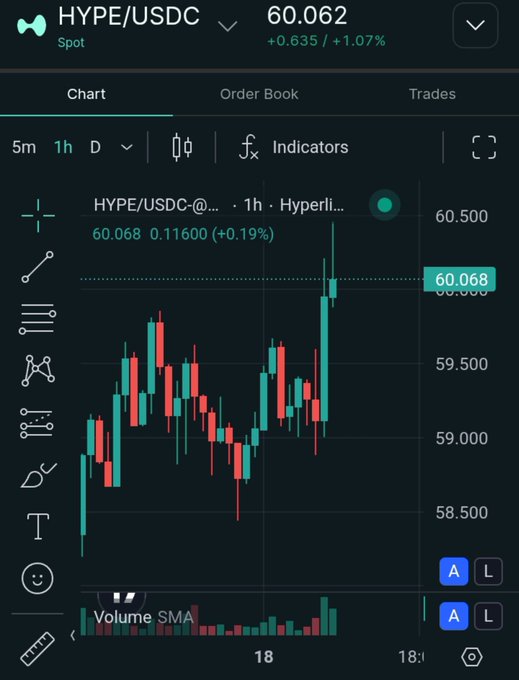 A candlestick chart on what appears to be the Hyperliquid trading interface shows the HYPE/USDC spot pair trading at $60.062 (+1.07%), with the current 1h candle pushing above the $60.000 psychological resistance level. The chart visually supports the post's claim of HYPE reclaiming the $60 mark, displaying recent bullish momentum with the latest green candle breaking through to $60.068 amid volatile price action between $58.500 and $60.500.
