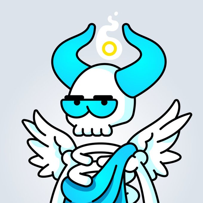 A stylized cartoon character features a white skull face wearing blue sunglasses, cyan horns, and white angel wings, with a fried egg floating above its head.