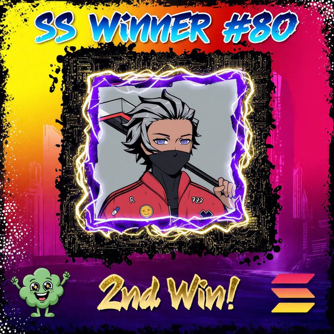 A colorful digital graphic celebrates "SS WINNER #80" with an anime-style character wielding a hammer, framed by purple lightning against a neon cityscape, announcing a "2nd Win!" for @kunkevin00 in the Smurf Spotlight V2 giveaway, complete with a green Smurf mascot and instructions for new participants.