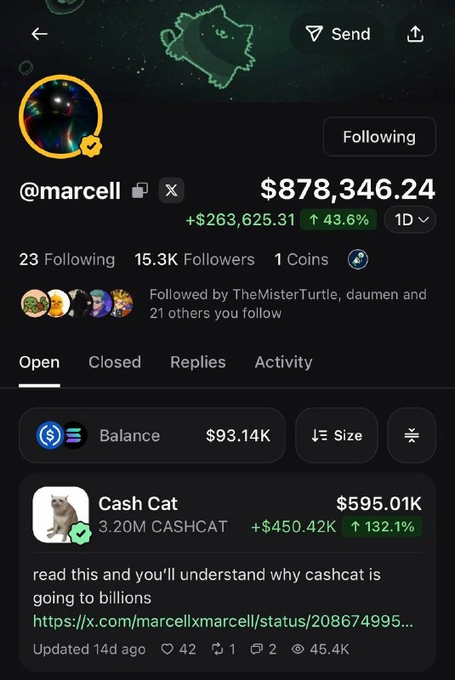 The image displays a Polymarket profile for @marcell showing a portfolio balance of $878,346.24 (up $263,625.31 or +43.6%), with the trader's largest position being $595.01K in "Cash Cat" (3.20M CASHCAT), which has surged 132.1%. This aligns with the caption highlighting @MarcellxMarcell's significant daily gains as $CASHCAT approaches a new all-time high.