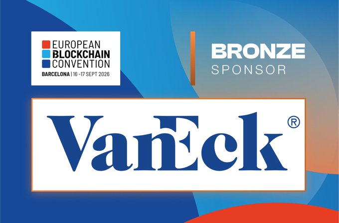 A promotional banner for the European Blockchain Convention in Barcelona (16-17 Sept 2026), announcing VanEck as a 'BRONZE SPONSOR.'