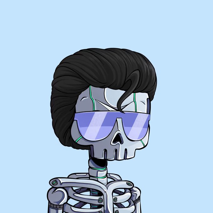 A cartoon-style illustration of a robotic skeleton figure wearing blue sunglasses with green hair and cybernetic features.
