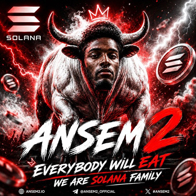 A powerful promotional image for the Solana-based project "ANSEM 2" featuring a muscular bull with a man's face, crowned with a golden crown, surrounded by lightning and Solana logos. Bold text reads "ANSEM 2 - EVERYBODY WILL EAT - WE ARE SOLANA FAMILY" with the website "ANSEM2.IO," Twitter handle "@ANSEM2_OFFICIAL," and hashtag "#ANSEM2," visually reinforcing the post's bullish message about early believers profiting before a major price surge.