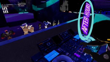 A video game scene with a neon 'AFTER HOURS' sign and DJ equipment in the foreground, featuring cartoon-style characters in a vibrant, club-like environment with blue and purple lighting.