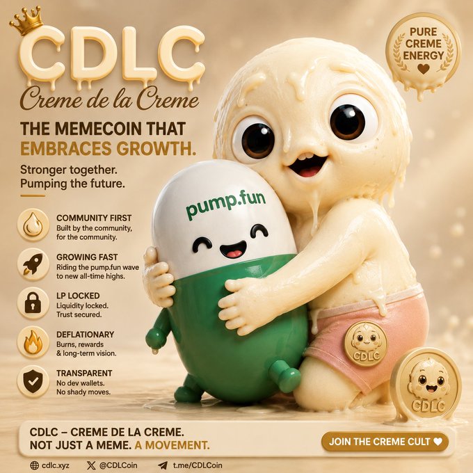 An advertisement for "CDLC - Creme de la Creme" memecoin, featuring a cartoon baby covered in cream hugging a green and white "pump.fun" capsule, with text highlighting "COMMUNITY FIRST," "GROWING FAST," and "LP LOCKED."