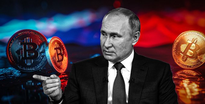 Vladimir Putin is pictured with Bitcoin symbols, suggesting Russia's potential legalization of cryptocurrency for trade due to sanctions.