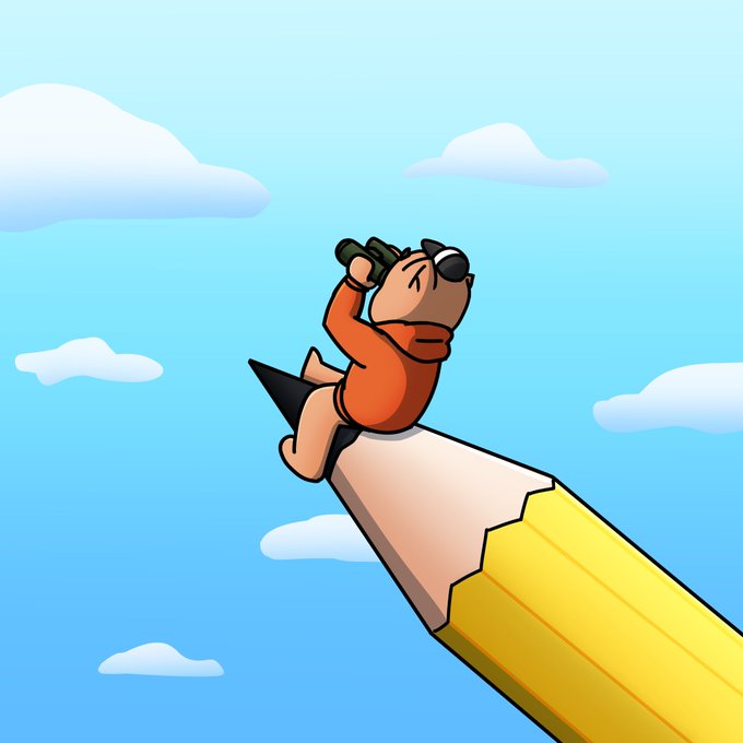A cartoon dog wearing an aviator cap and goggles rides atop a giant pencil soaring through a cloudy blue sky, symbolizing the adventurous and creative launch of the "Chimikinz" NFT mint going live on OpenSea at 4pm UTC as Clover Cove's doors open.