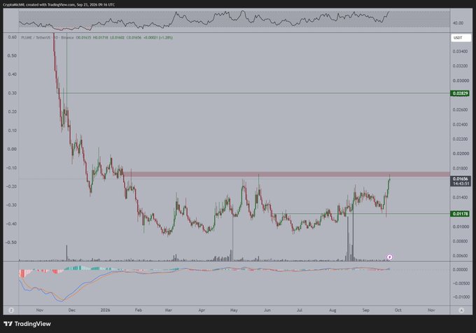 A TradingView chart of PLUME/USDT on Binance shows the price consolidating between approximately $0.011 and $0.016 resistance since late 2024, with a recent push toward the upper resistance zone matching the post's claim of prolonged accumulation awaiting a breakout.