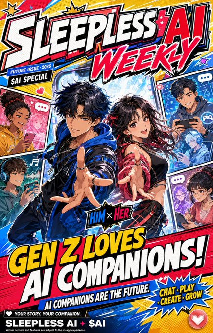 A vibrant manga-style magazine cover for "Sleepless AI Weekly - Future Issue 2026 SAI Special" features the bold headline "GEN Z LOVES AI COMPANIONS!" with anime characters promoting the "HIM x HER" AI products, directly illustrating the post's message about Gen Z embracing AI companions as the future.