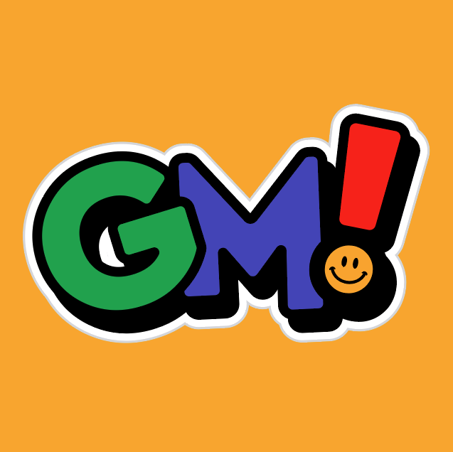 A colorful, cartoon-style logo spells out 'GM!' with a smiley face on an orange background.