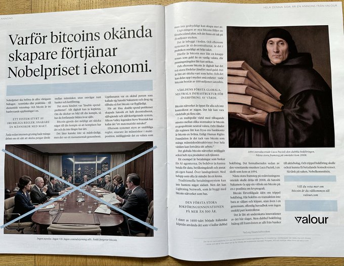 The image shows an advertisement for a new campaign that aims to promote Bitcoin awareness across Sweden. The campaign features a man holding stacks of books, symbolizing knowledge about Bitcoin, and includes text in Swedish promoting Bitcoin's significance as a global currency. The campaign is being launched by Valour, a company known for its involvement with Bitcoin. The post also mentions the Nobel Prize in Economic Sciences, which could be related to Bitcoin or the Bitcoin economy.