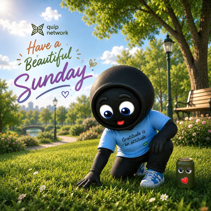 Cheerful 3D-rendered black mascot character kneeling on grass in a park setting with the text 'Have a Beautiful Sunday' and 'quip network' branding, plus a small green can character nearby.