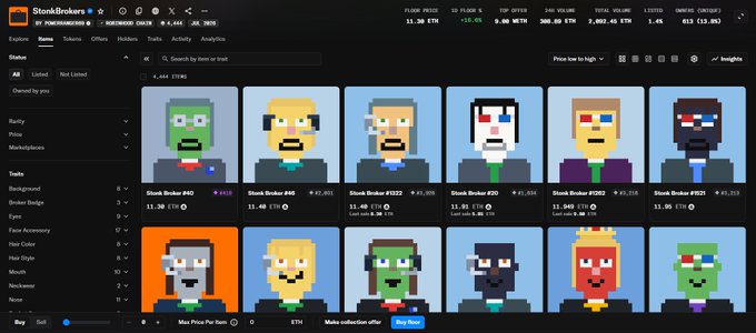 A screenshot of the StonkBrokers NFT marketplace showing a collection of pixel-art character NFTs with various traits like backgrounds and hair colors, displaying floor price of 0.30 ETH and total volume of 2,002.42 ETH.
