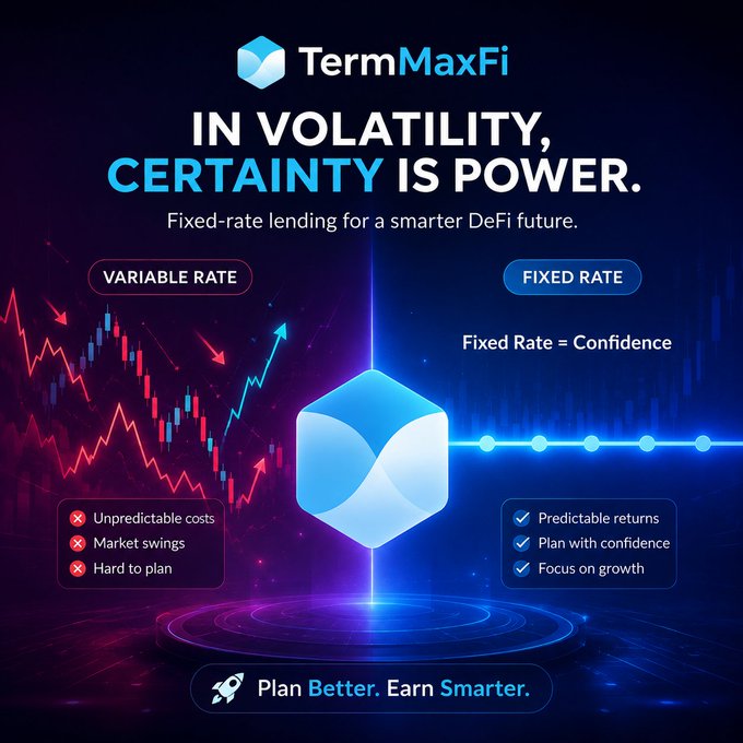 A promotional graphic for 'TermMaxFi' with the tagline 'IN VOLATILITY, CERTAINTY IS POWER,' comparing variable rate and fixed rate lending features for DeFi.
