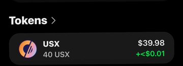A mobile screen shows cryptocurrency holdings of 40 USX tokens valued at $39.98, with a small daily increase of +$0.01.