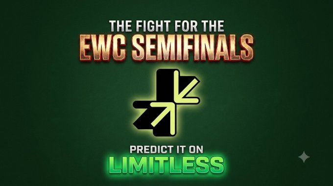 The promotional graphic features bold text reading "THE FIGHT FOR THE EWC SEMIFINALS" alongside the "PREDICT IT ON LIMITLESS" tagline and the platform's green logo on a dark green background, directly tying into the post's promotion of Limitless as a one-stop platform for esports predictions and rewards.
