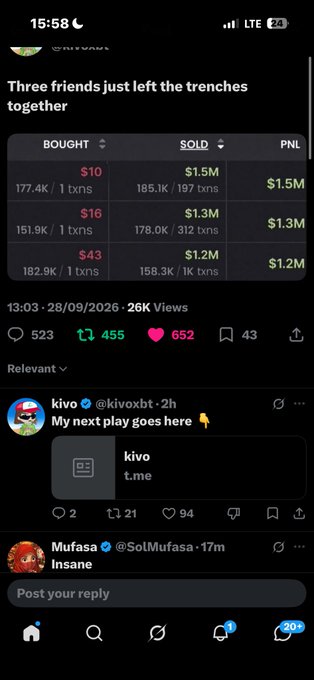 A Twitter/X post by @KivoXBT showing crypto trading PnL data with the headline 'Three friends just left the trenches together' and various profits around $1.2M-$1.5M.