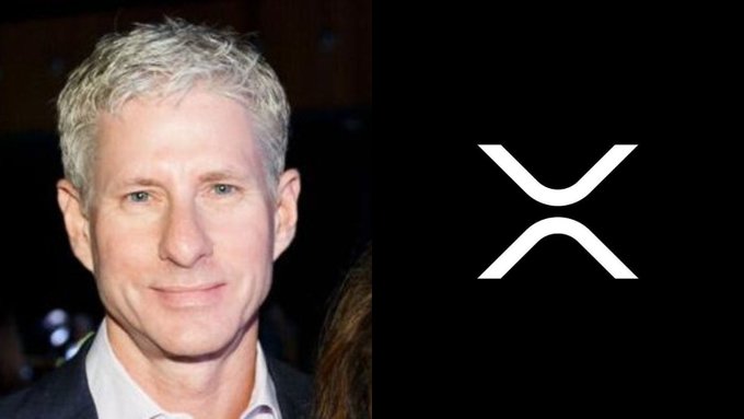 A split image featuring a portrait of a man with gray hair on the left and the white XRP cryptocurrency logo on a black background on the right.