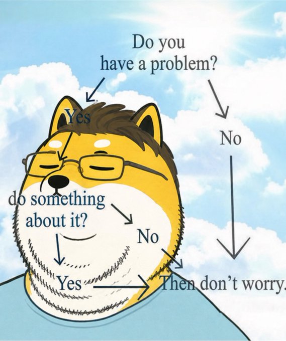 An illustration of a smiling Shiba Inu dog wearing glasses and a blue shirt, with a flowchart titled "Do you have a problem?" guiding through responses (Yes → do something about it? → No/Yes → Then don't worry).