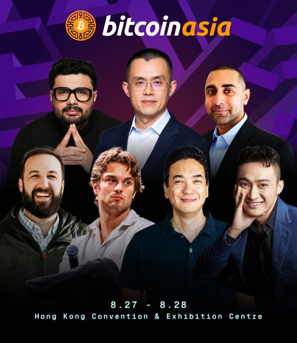 A promotional poster for 'Bitcoin Asia' featuring seven headshots against a purple background, announcing an event on 8.27 - 8.28 at the Hong Kong Convention & Exhibition Centre.