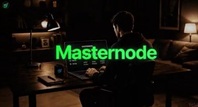 A man is working at a laptop at night, with the glowing green word "Masternode" overlaid on the scene, illustrating the post's message about Beldex (BDX) masternodes supporting network security and transaction processing in exchange for incentives.