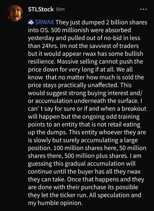 A social media post by 'STLstock' discusses the $RWAX token, claiming 2 billion shares were dumped into the market but absorbed, suggesting strong underlying buying interest.