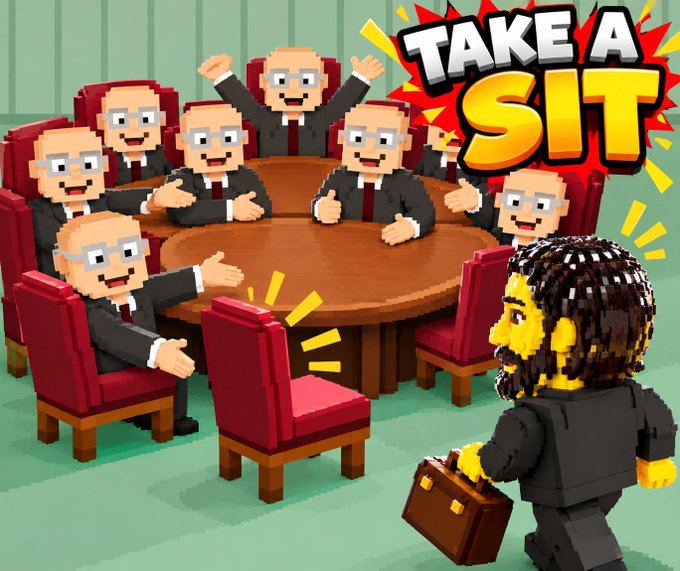 A pixel art/voxel-style illustration showing multiple identical suited businessmen characters gesturing toward an empty chair for a bearded character holding a briefcase, with 'TAKE A SIT' text in a comic-style burst.