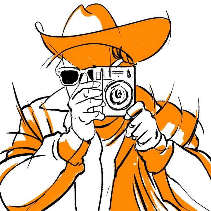 A stylized orange and black illustration depicts a figure wearing a wide-brimmed hat and sunglasses, holding up a camera to take a photograph.