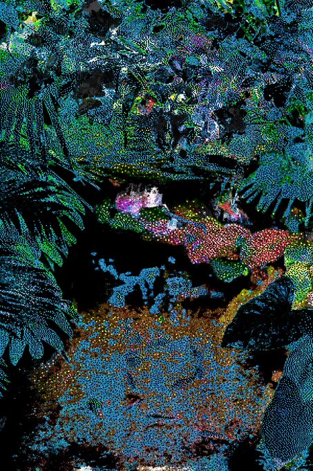 The image features a painting of a tropical forest scene with various plants, including palm trees and flowers. The colors used are predominantly blue, green, and brown, creating a lush and vibrant atmosphere. The artist has also incorporated dots into the painting, adding texture and depth to the artwork. The post is titled "I have just collected Afternoon Thunderstorms" by @taimei_886 on @objktcom objkt.com/tokens/KT1GgC9, which suggests that this image might be a part of an art collection or a personal project by the artist.