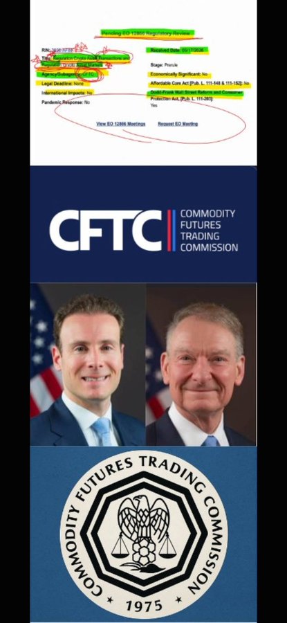 The image shows a flowchart referencing "EGD" regulatory structure and the upcoming "RG 5189 Meeting," above photos of two CFTC (Commodity Futures Trading Commission, est. 1975) officials, suggesting the post is highlighting how federal regulators are allegedly failing to halt an alleged scheme.