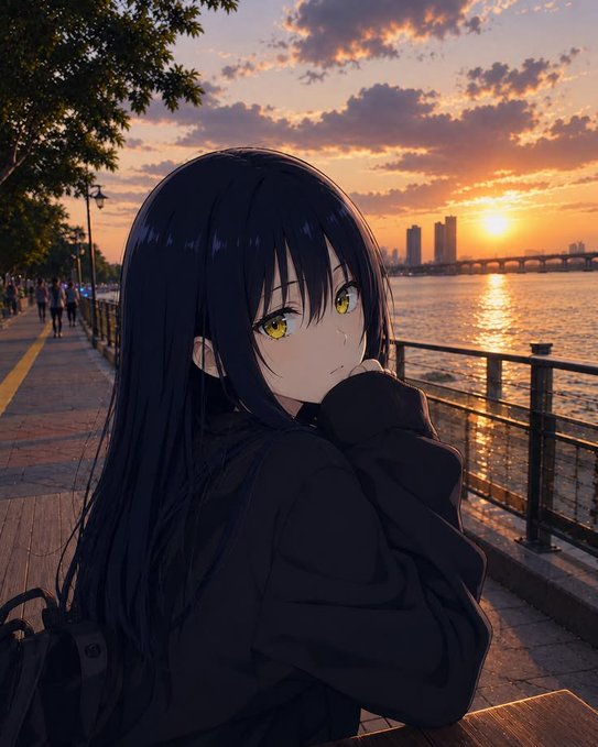 An anime-style girl with long dark hair and golden eyes stands along a riverside walkway at sunset, her gaze turned thoughtfully toward the city skyline across the water. The serene, contemplative atmosphere mirrors the post's theme of unified, cross-chain crypto identity, suggesting that like the girl's quiet reflection, one name can bridge multiple networks seamlessly across a shared horizon.