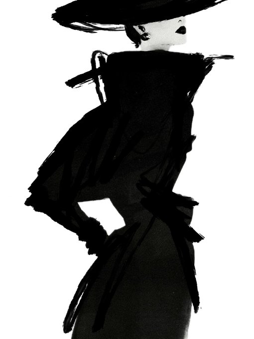A bold black ink fashion sketch depicts an elegant woman in a dramatic wide-brimmed hat and fitted dark dress, rendered with expressive, sweeping brushstrokes that capture high-fashion sophistication—fitting the artistic style of a "#tezostuesday" sketch showcase.