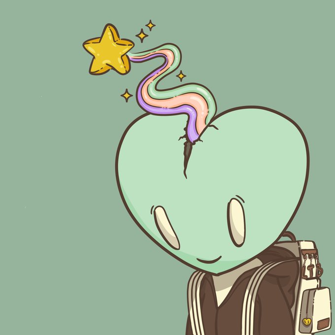 A digital illustration of a cute green alien character with a rainbow trail and a golden star emerging from a crack in its head, wearing a backpack.
