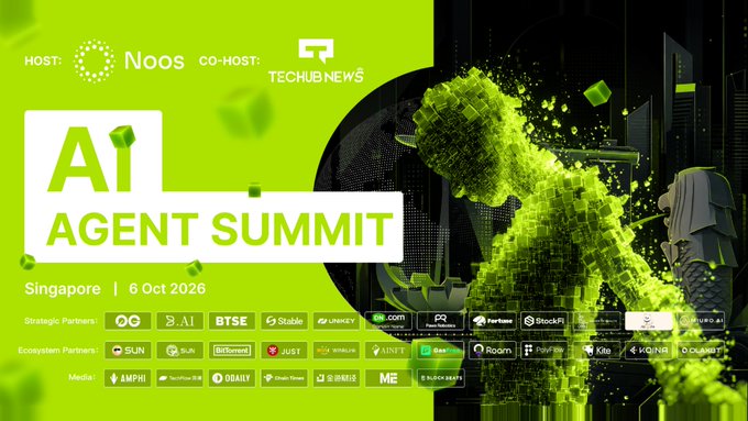 An event poster for the 'A1 AGENT SUMMIT' taking place in Singapore on 6 Oct 2026, hosted by Noos and co-hosted by TechHub News, featuring a green digital graphic of a figure.